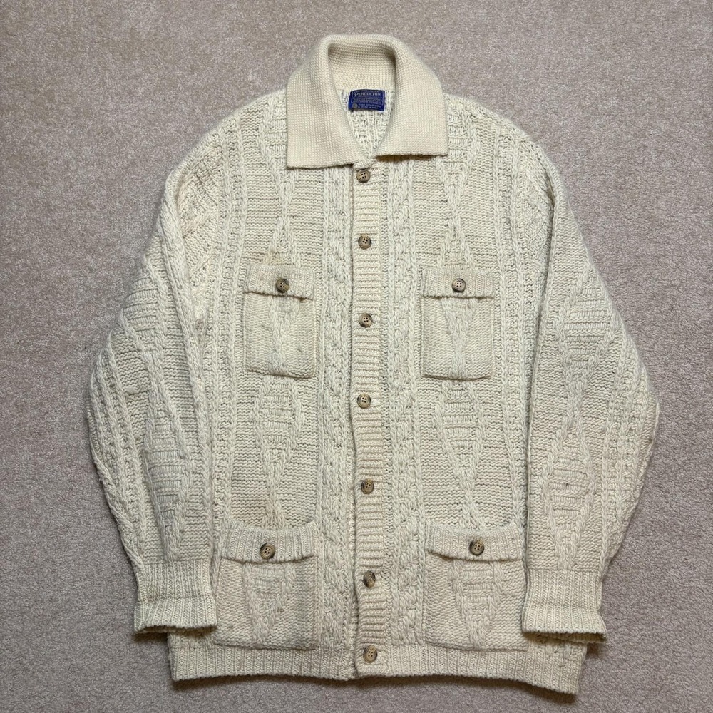 Vtg Pendleton Cardigan Sweater Mens XL Fits L White Wool Aran Cable Knit USA 70s - Picture 1 of 10